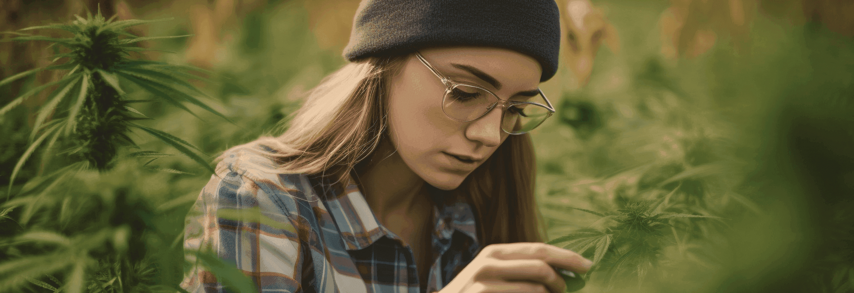 Frau mit Mütze im Cannabisfeld